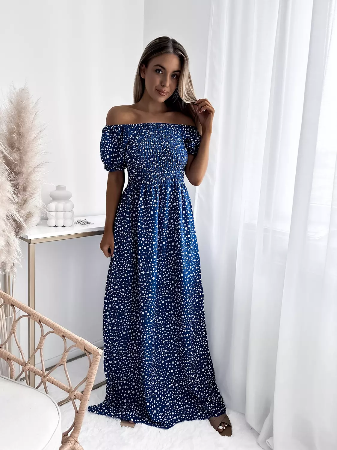 Robe longue bleue pois pour femme V tements