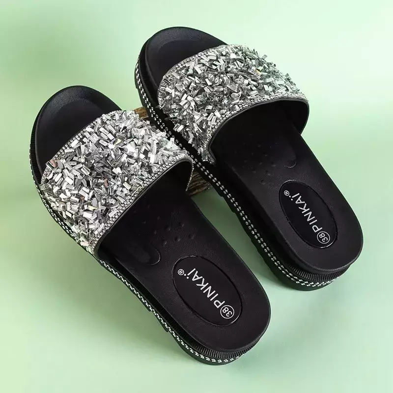 OUTLET Pantoufles compensées pour femmes en argent avec zircones cubiques Lorenali - Chaussures