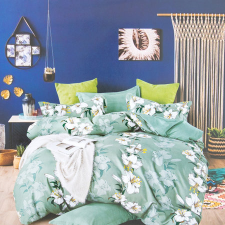 Parure de lit en coton vert clair à fleurs 160x200 4 pièces - Linge de lit