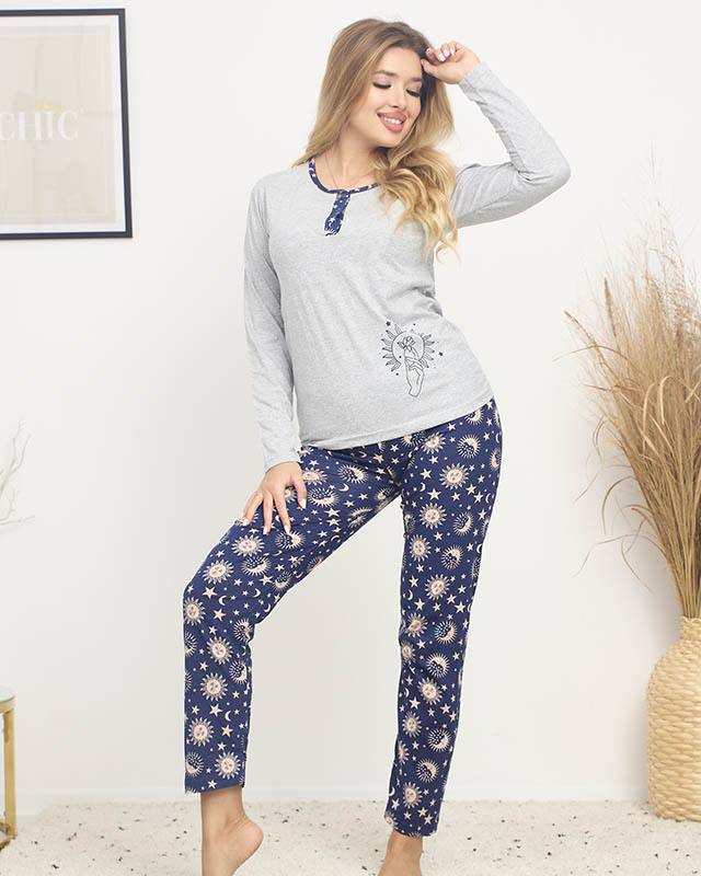 Pyjama 2 pièces à motifs gris-bleu pour femme - Vêtements