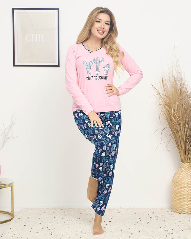 Pyjama femme rose et bleu avec imprimé - Vêtements
