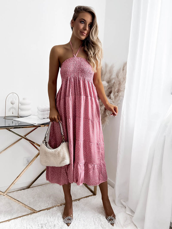 Robe midi pois rose pour femme V tements