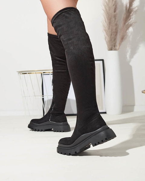 Bottes hautes pour femmes en daim écologique noir à semelle épaisse Amerima - Chaussures