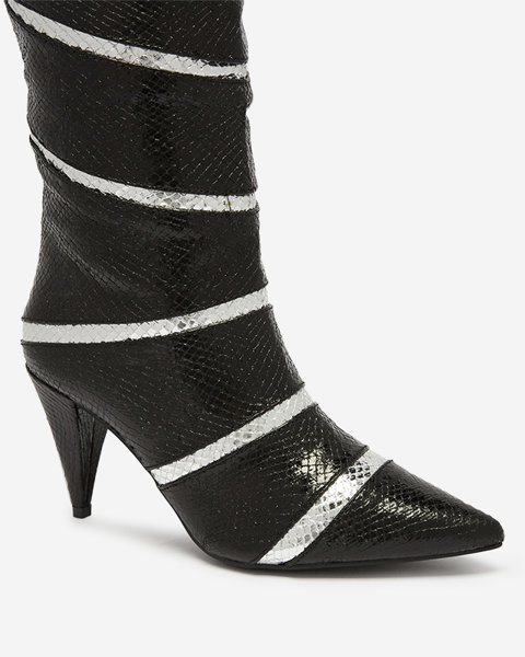 Bottes noires et argentées à talons aiguilles pour femmes avec bandes en relief Felifea- Footwear
