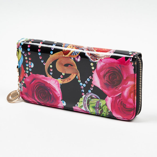 Grand portefeuille femme noir à fleurs roses - Accessoires