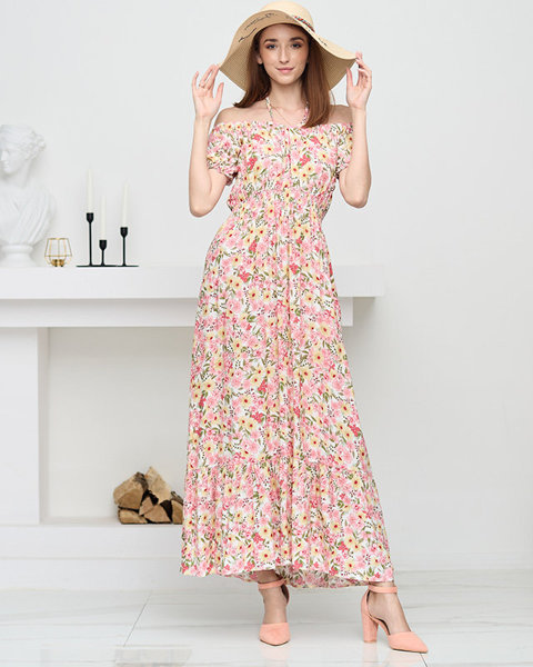 Longue robe blanche d'été pour femme à fleurs roses - Vêtements