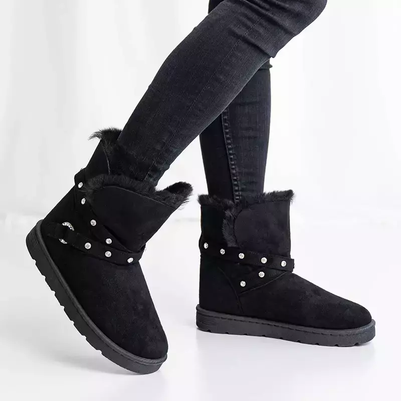 OUTLET Bottes de neige noires avec zircons sur une semelle plate Lirana - Chaussures