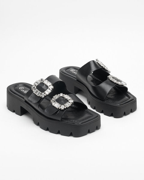 OUTLET Chaussons noirs pour femme avec ornements en zircon Sadoh- Footwear