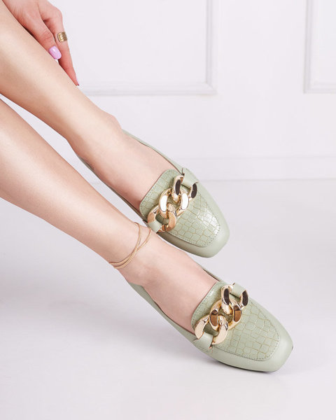 OUTLET Mocassins pour femmes en éco-cuir vert avec une chaîne Flamii - Chaussures