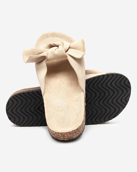 OUTLET Pantoufles en daim écologique pour femmes avec un nœud en beige Dofro-shoes