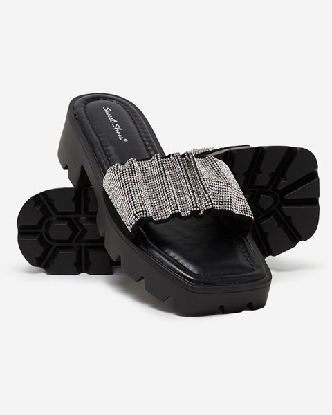 OUTLET Pantoufles noires pour femmes avec zircons cubiques Emkoy- Footwear