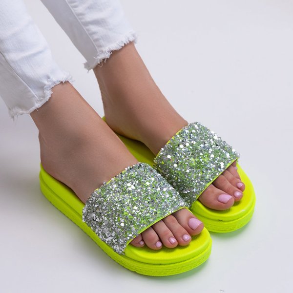 OUTLET Pantoufles pour femmes vert fluo avec zircons cubiques Aisidora - Footwear