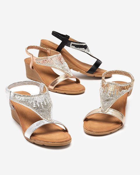 OUTLET Sandales pour femmes avec zircons sur talon compensé en or Serrifo- Shoes