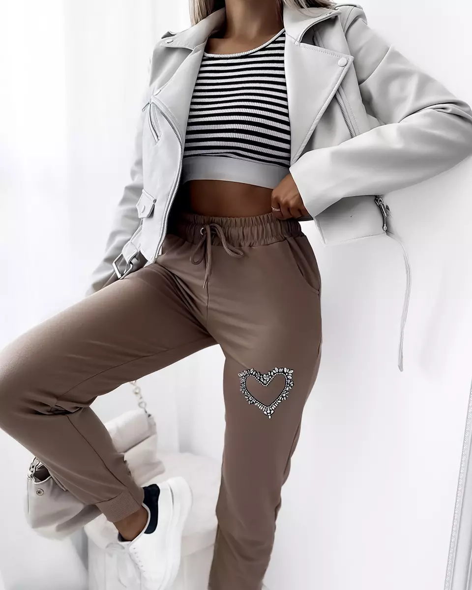 Pantalon de survêtement marron clair pour femme avec ornements en zircon- Vêtements