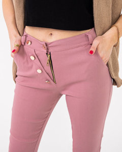 Pantalon femme en tissu rose avec boutons décoratifs - Vêtements