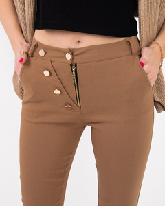Pantalon tissu femme marron clair avec boutons décoratifs - Vêtements