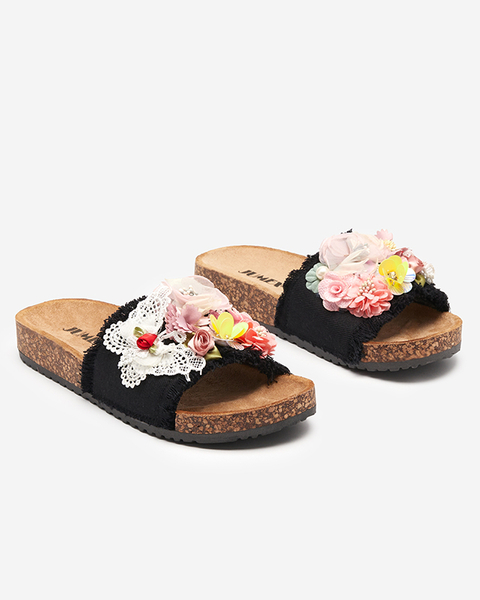 Pantoufles pour femmes avec fleurs en tissu en noir Ososi- Footwear