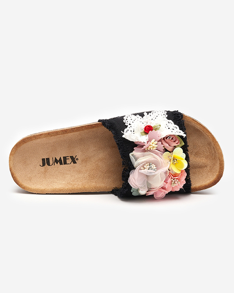 Pantoufles pour femmes avec fleurs en tissu en noir Ososi- Footwear