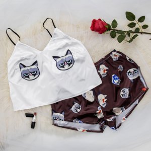 Pyjama femme marron foncé à imprimé chat - Vêtements