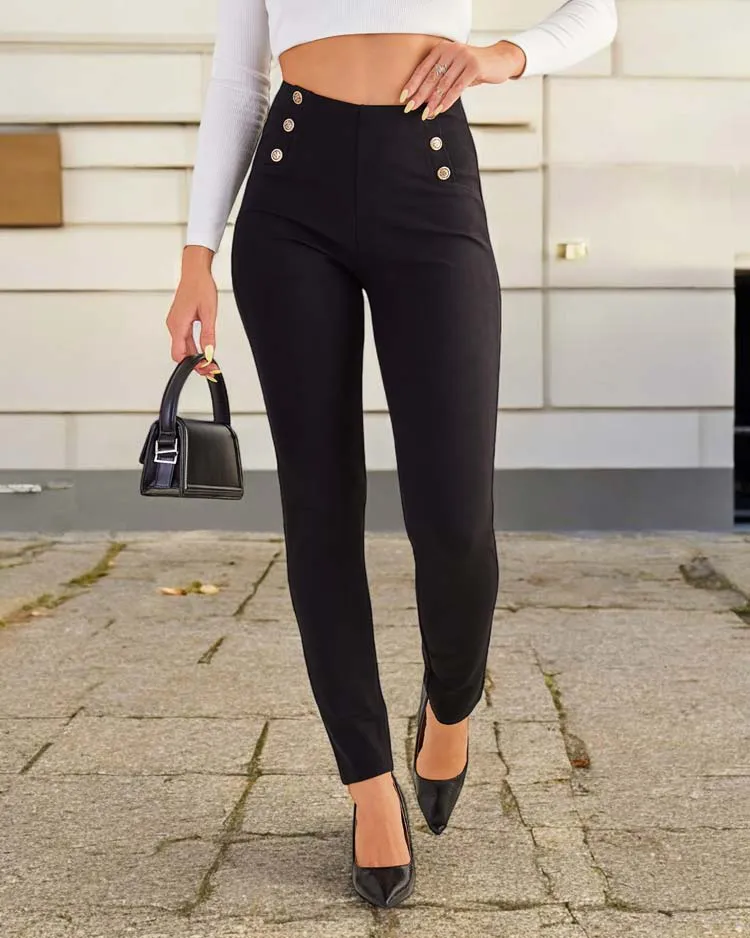 Royalfashion Pantalon teggings femme en coton avec boutons décoratifs