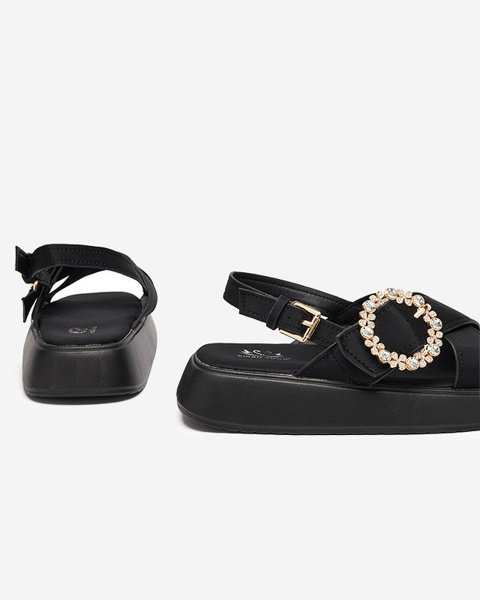 Sandales pour femmes en tissu noir sur semelle plate avec zircons cubiques Senire - Footwear