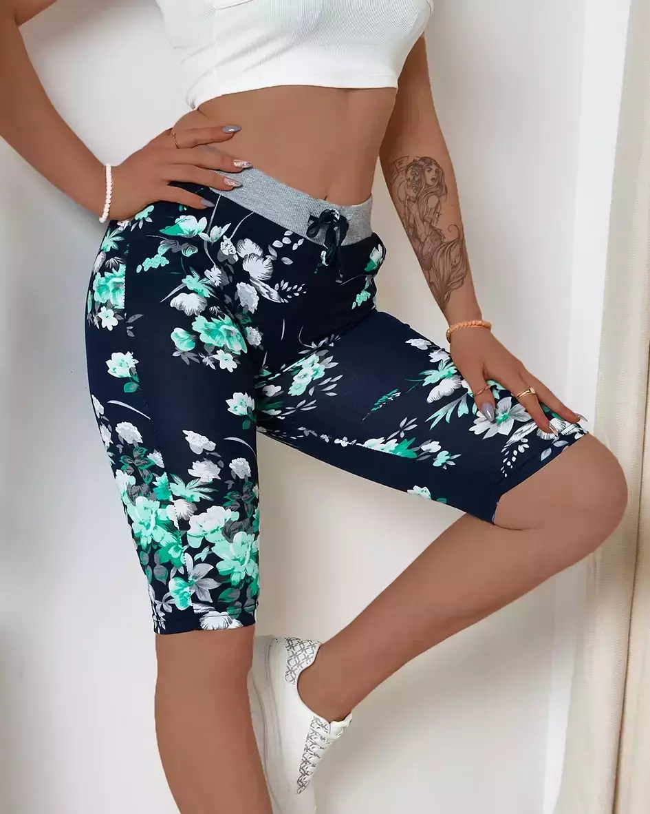 Short femme 3/4 bleu marine à fleurs vertes GRANDES TAILLE - Vêtements