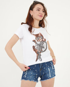 T-shirt femme blanc avec imprimé chat - Vêtements
