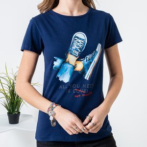 T-shirt femme bleu marine en coton avec imprimé - Vêtements