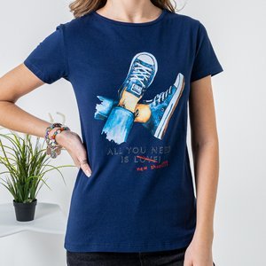 T-shirt femme bleu marine en coton avec imprimé - Vêtements