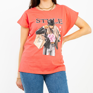 T-shirt femme corail avec imprimé GRANDE TAILLE - Vêtements