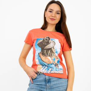 T-shirt femme corail avec imprimé coloré et paillettes - Vêtements