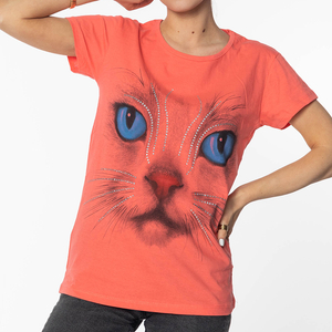 T-shirt femme corail imprimé chat - Vêtements