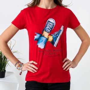 T-shirt femme en coton rouge à imprimé - Vêtements