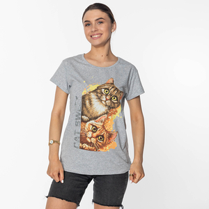 T-shirt femme gris à motif chat - Vêtements
