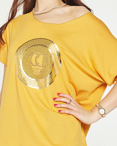 T-shirt femme moutarde imprimé or et zircons cubiques - Vêtements