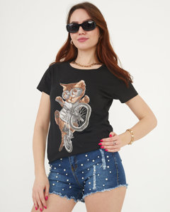 T-shirt femme noir avec imprimé chat - Vêtements