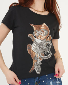 T-shirt femme noir avec imprimé chat - Vêtements