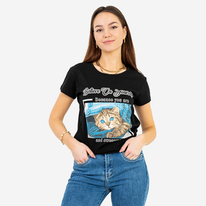 T-shirt femme noir imprimé chat et inscriptions - Vêtements