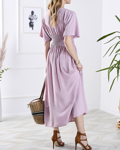 Robe longue rose pour femme avec encolure enveloppe - Vêtements