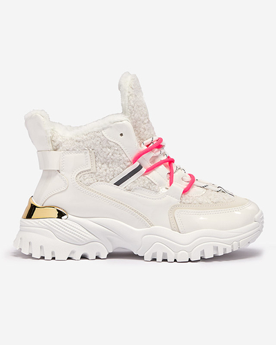 Chaussures de sport blanches pour femmes avec fourrure et lacets rose fluo Sagglo- Footwear