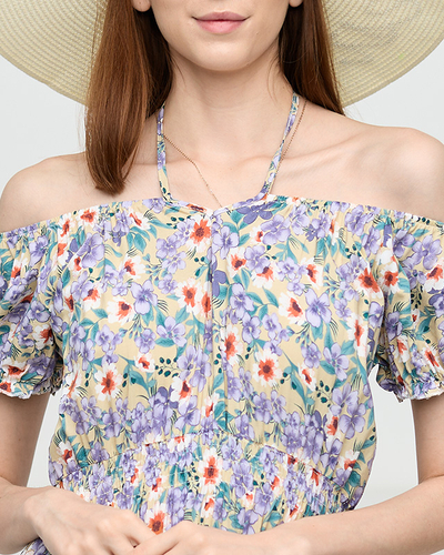 Robe longue d'été verte pour femme avec fleurs violettes - Vêtements