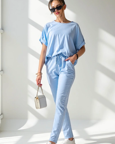 Ensemble en coton Royalfashion pour femmes avec des manches courtes et un pantalon droit