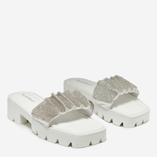 OUTLET Pantoufles blanches pour femmes avec zircons cubiques Emkoy- Footwear