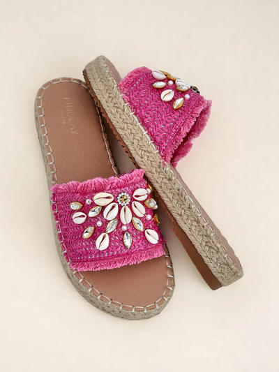 Claquettes pour femmes Royalfashion Callista Fuchsia sur plateforme avec coquillages