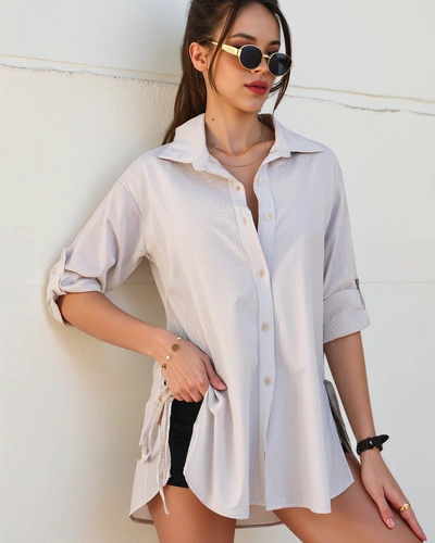 Royalfashion Chemise en coton rayée pour femmes plus longue avec un lien à la taille