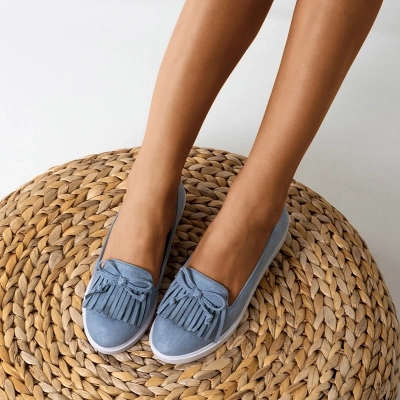 OUTLET Mocassins bleus pour femmes avec pompons et nœud Laureana - Chaussures