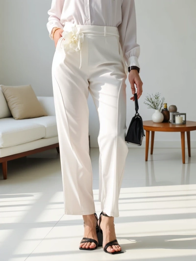Royalfashion Pantalon droit en viscose pour femmes avec fleur