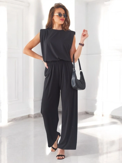 Ensemble en viscose côtelée pour femmes Royalfashion, sans manches et avec pantalons évasés
