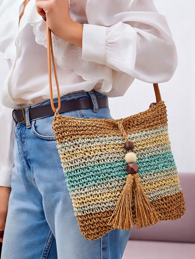 Royalfashion Petit sac en paille pour femme, rayé, orné d’un charm Mini