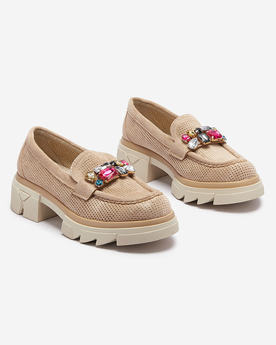 Mocassins pour femmes ajourés marron clair avec ornement Bokkso- Footwear